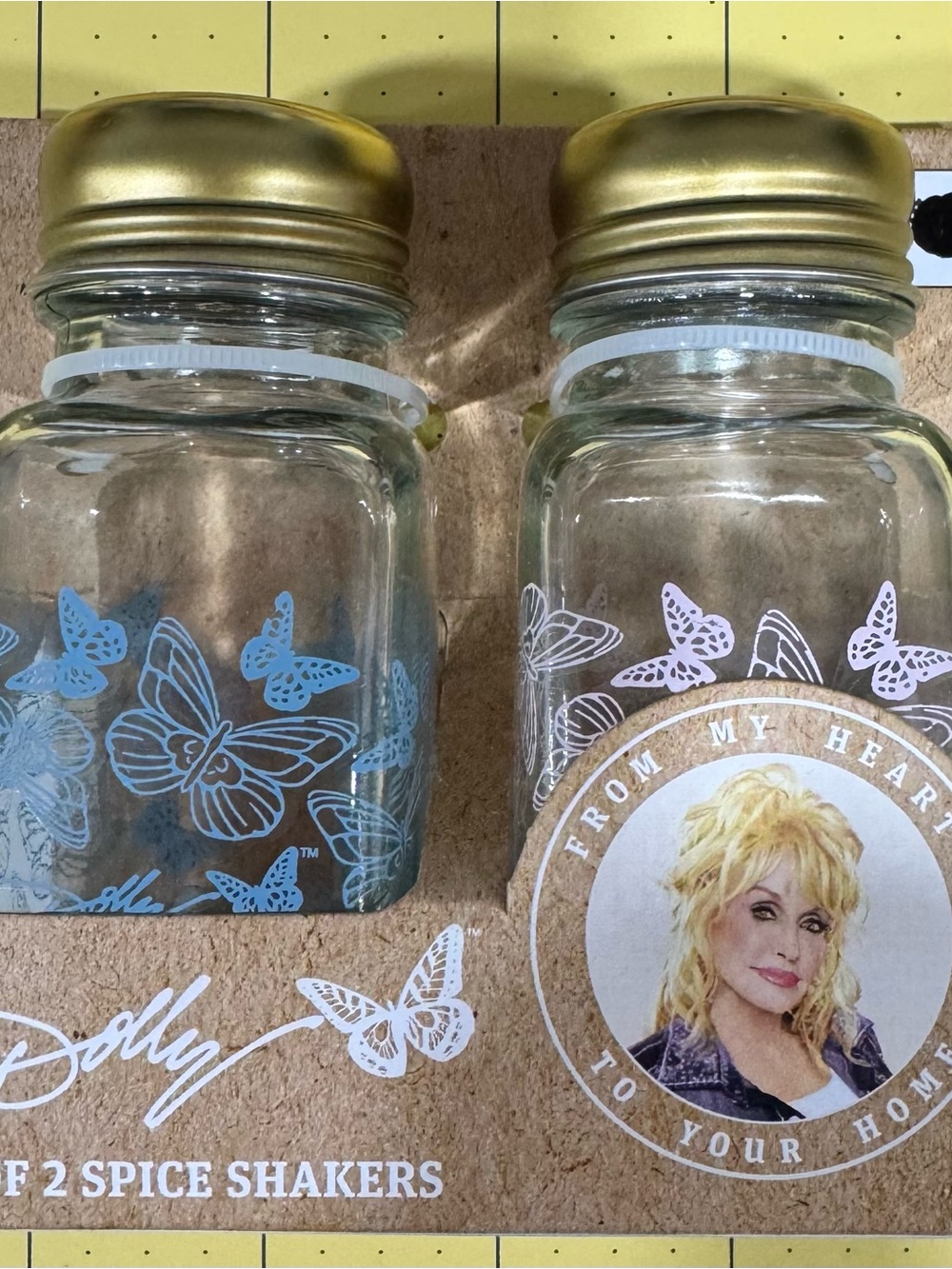 Dolly Parton Gold-Lid Glass Salt and Pepper Shakers with Blue Butterfly Accents